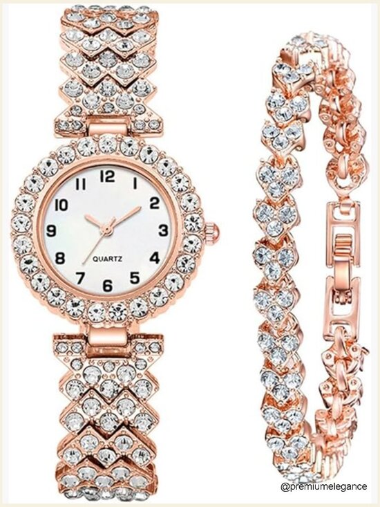 Luxury Diamond Dial Quartz Wrist Watch Set with Bangle Bracelet main image 6